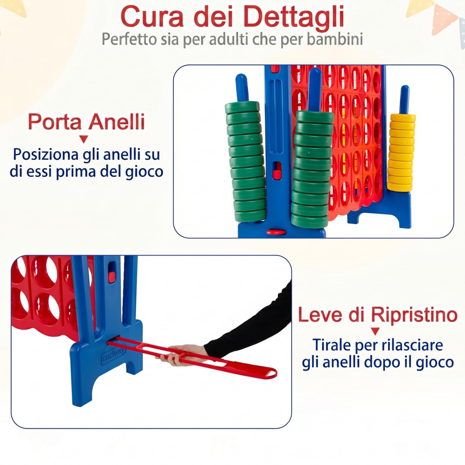 COSTWAY Forza 4 Gigante, Set Mega 4 in Linea per Bmabini e Adulti con 42 Anelli, Giant Connect Quattro di Fila da Esterno e Interno, Giocattolo Classico di Strategia in Plastica (Blu)
