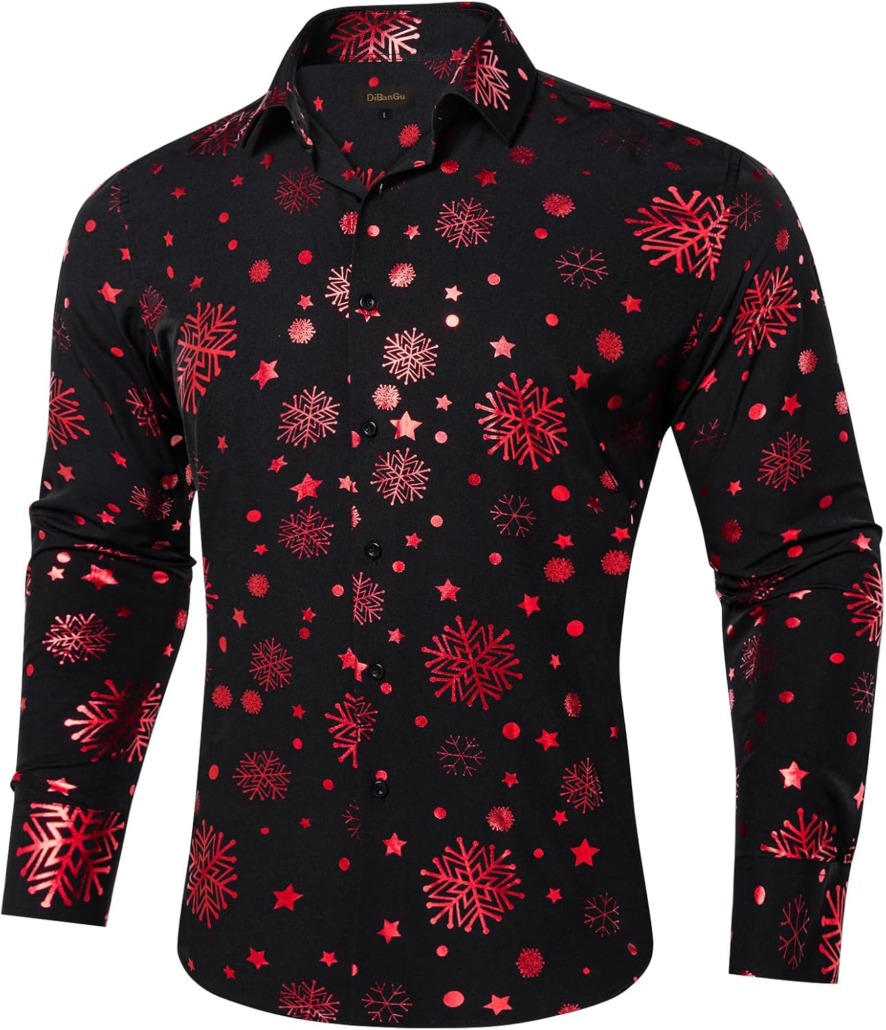 DiBanGu Mens Christmas Dress Shirts,Casual Xmas Long Sleeve Button Down Shirt for Men Holiday Festive Shirt Vacation Party, Black&Red Snowflake Xmas, Medium - Image 2