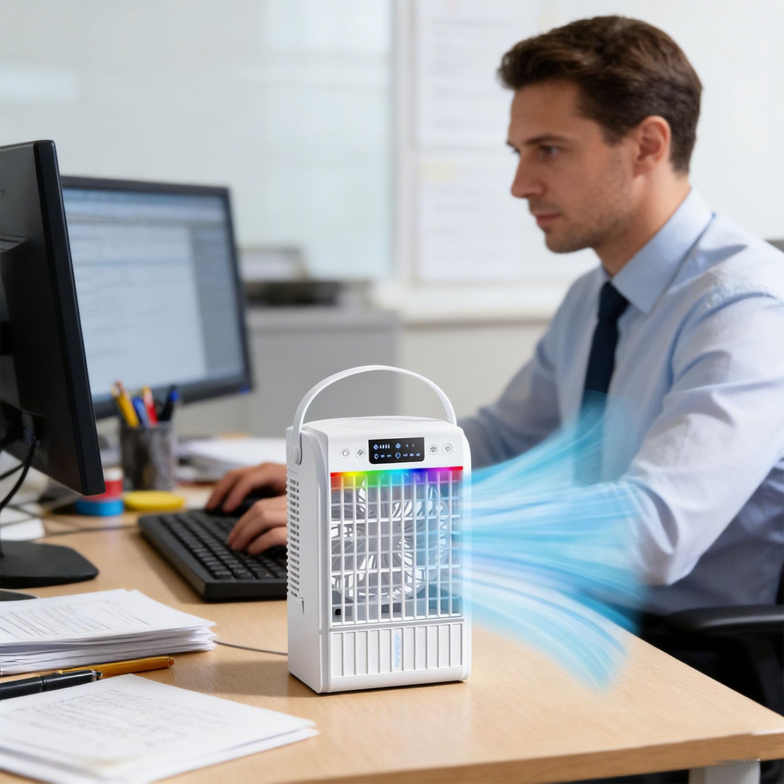 Ventilador portátil de aire acondicionado de escritorio, potente enfriador de aire evaporativo de 1500 ml, enfriador personal silencioso para el hogar, oficinas, dormitorios