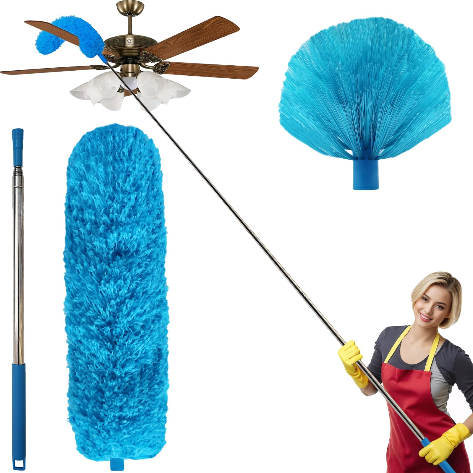 Paquete de 2 plumeros de telaraña, cepillo de tela de araña y plumero de microfibra con poste de extensión de 100 pulgadas, cabeza flexible, cubierta resistente a los arañazos, plumero lavable para
