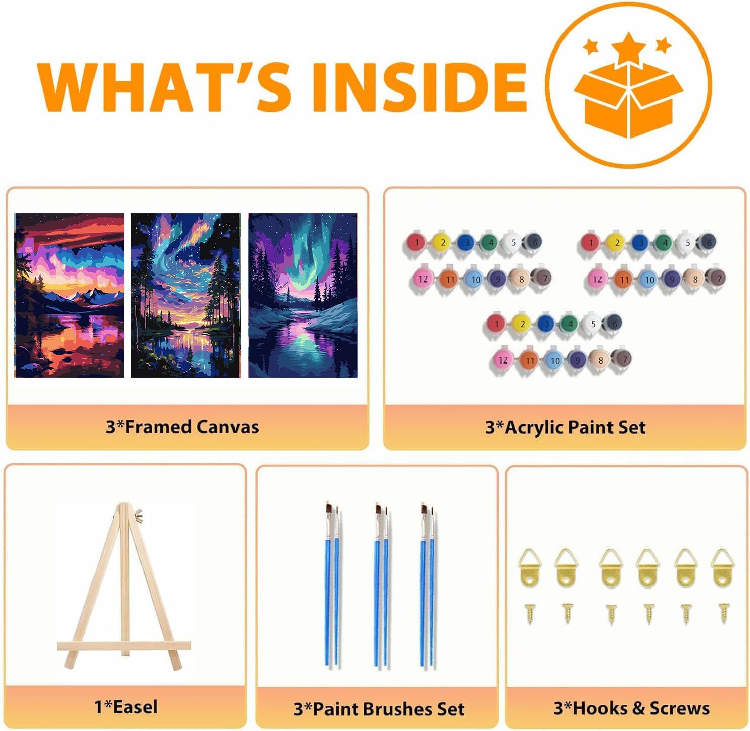 Axquilon 3 Packs Framed Paint by Numbers Kit for Adults - Aurora Adult Paint by Number Kits with Easel, Easy Adults' Paint-by-Number Kits for Gift Home Wall Decor 8x10in