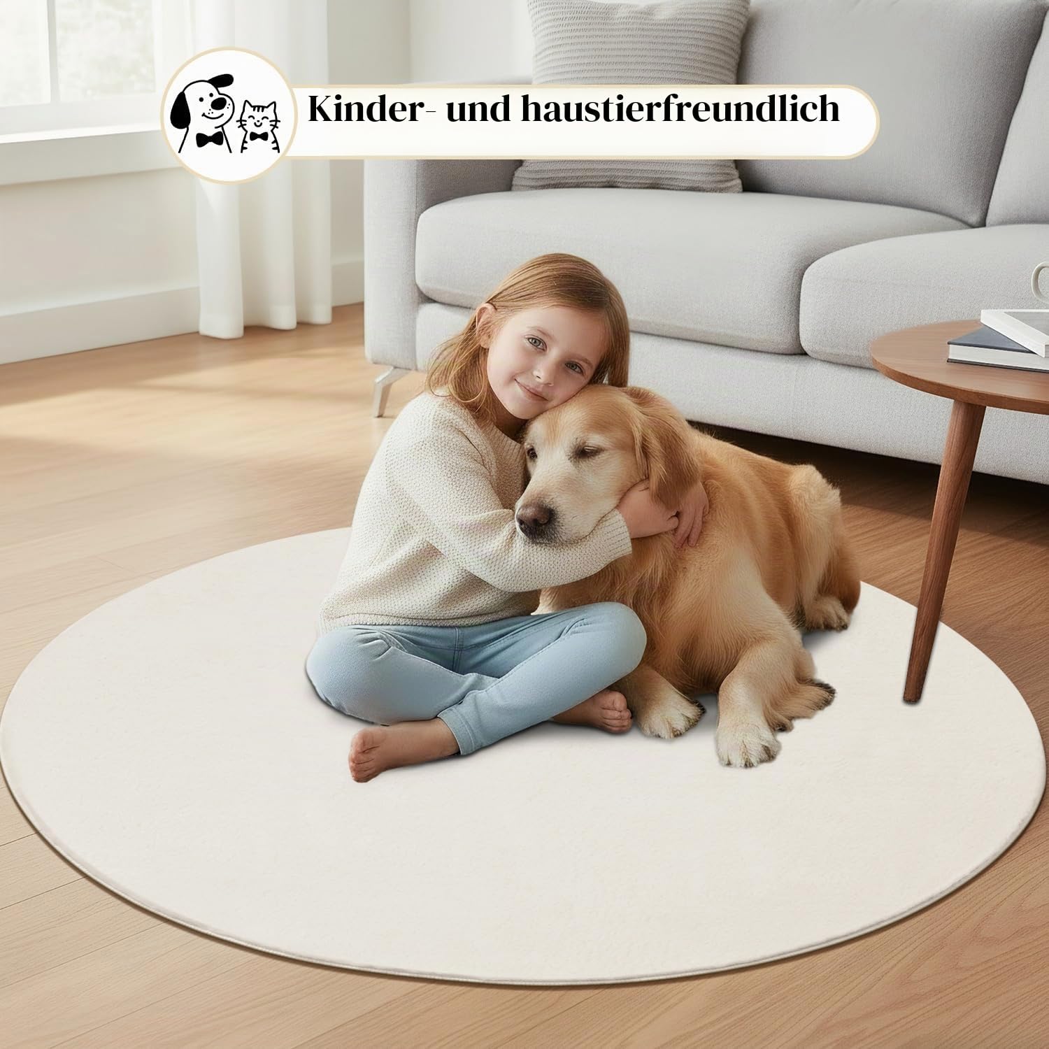 SHACOS Creme Teppich Rund 200 cm Fellteppich Kunstfell Teppich Flauschig Weicher Wohnzimmerteppich Waschbar Teppiche Anti-Rutsch-Rückseite, Felloptik, Für Fußbodenheizung geeignet