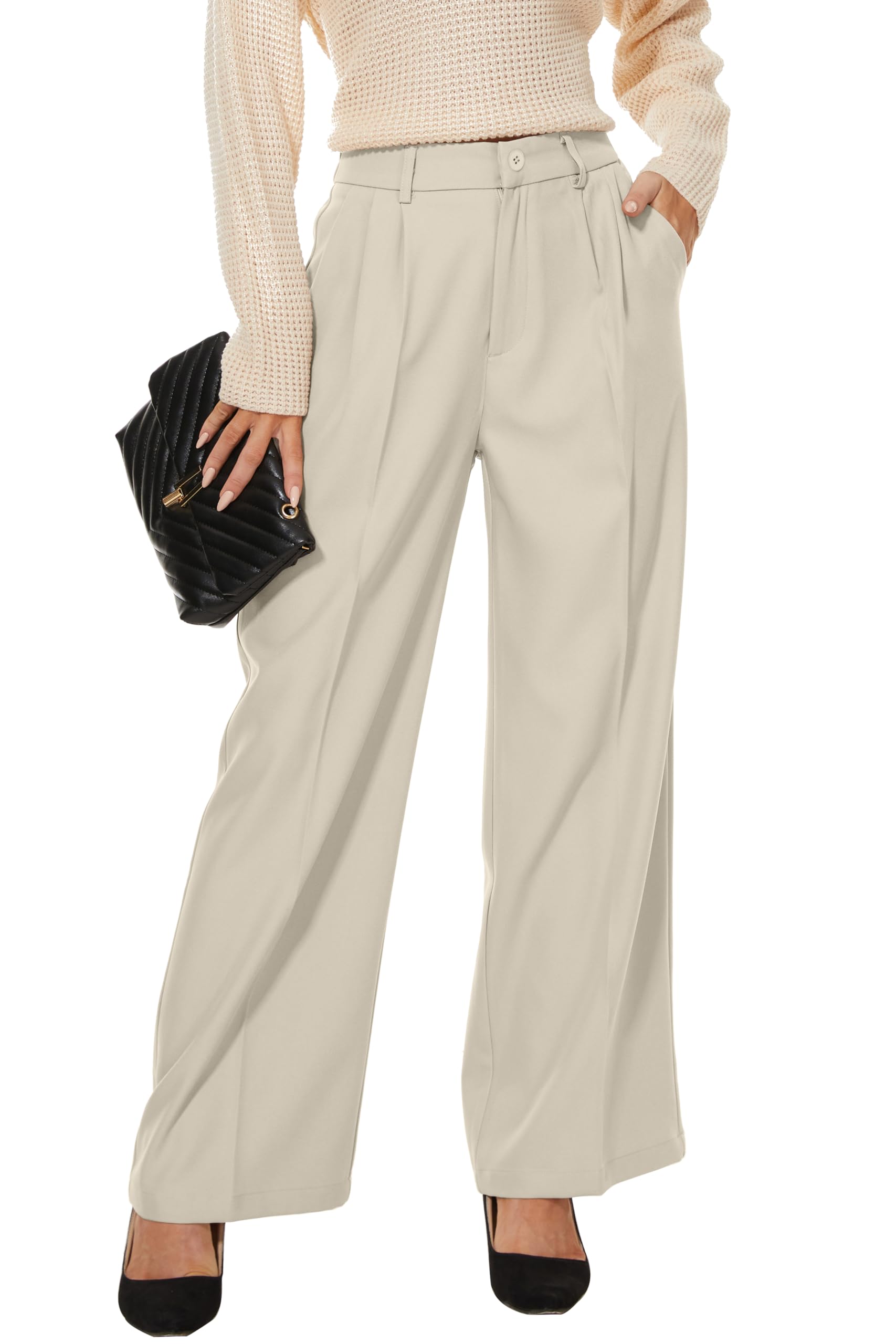 KICZOY Women Office Wide High Waist Pants Loose Fit Elastic Waist Pleated Front Trousers for Work Casual