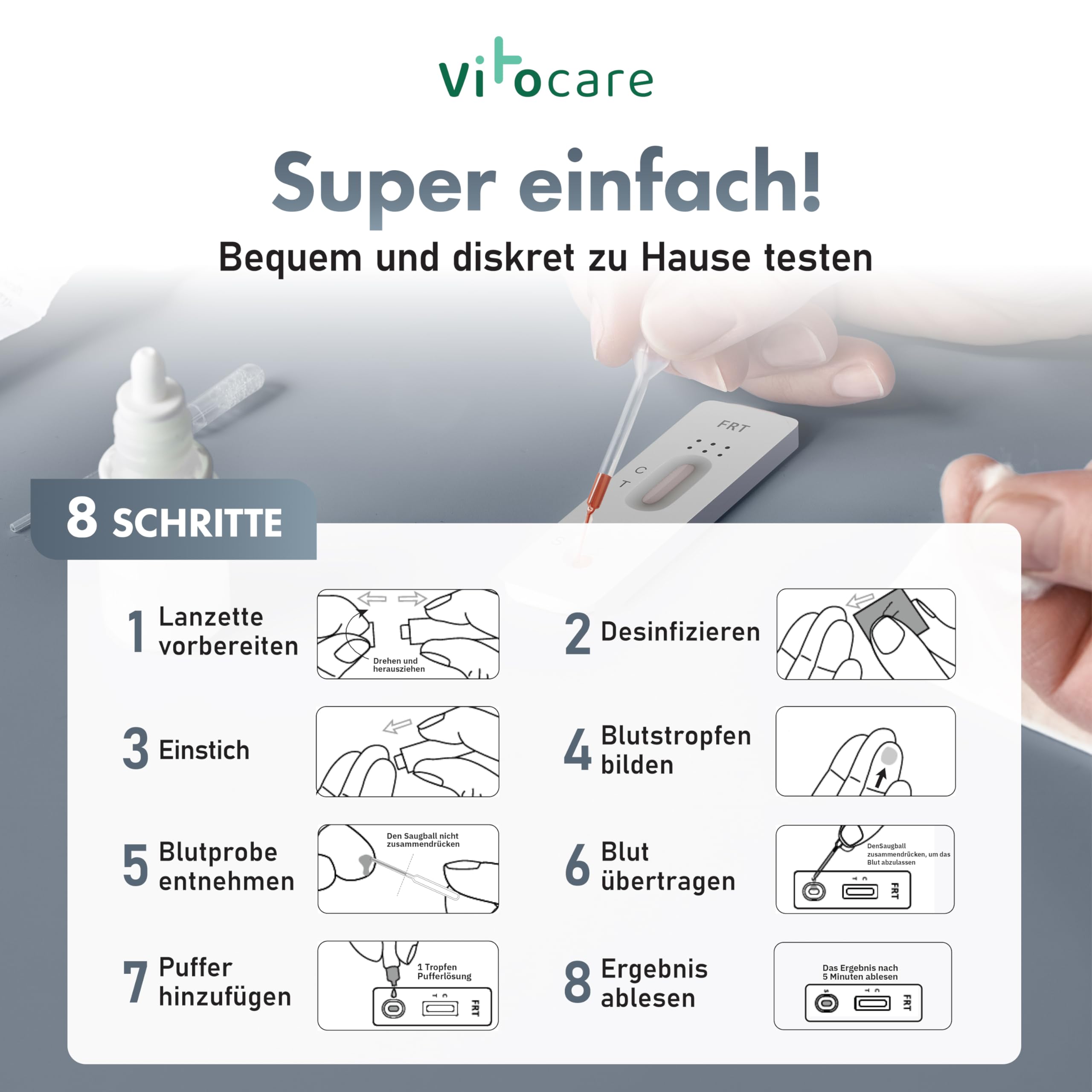 Eisenmangel Selbsttest – 2x Eisen Test für Zuhause, Ferritin Test mit 2 Anwendungen, Eisentest für Zuhause, schnelles Ergebnis, einfache Fingerblut-Anwendung, diskret zuhause - vitocare