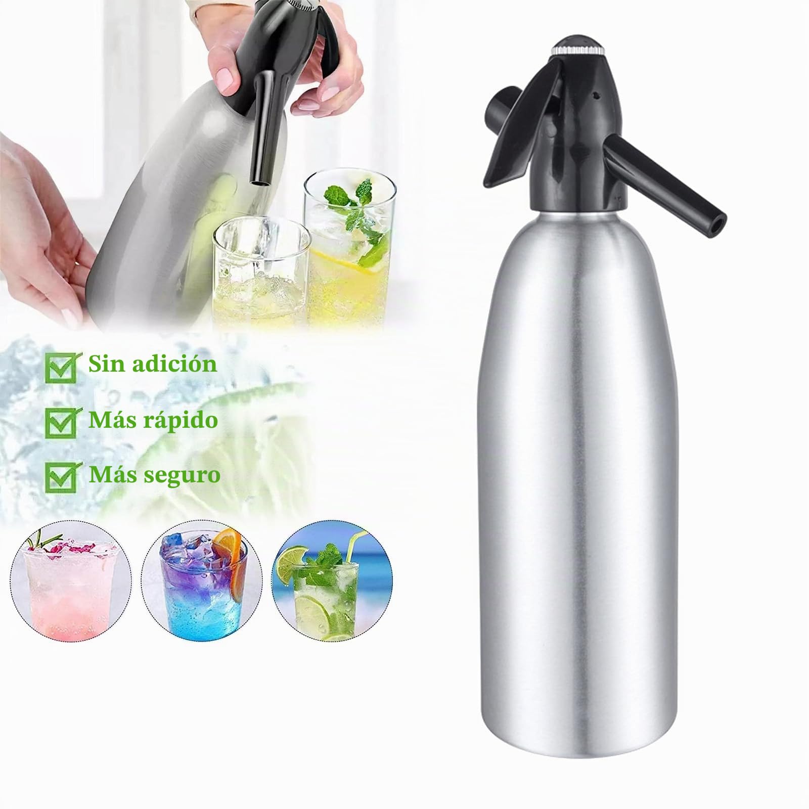 Sifón de Soda Manual 1L, Máquina para Hacer Agua con Gas de Aluminio, Sifón para Bebidas Carbonatadas, SIN Cápsulas CO2, Compatible con Cartuchos de 8g