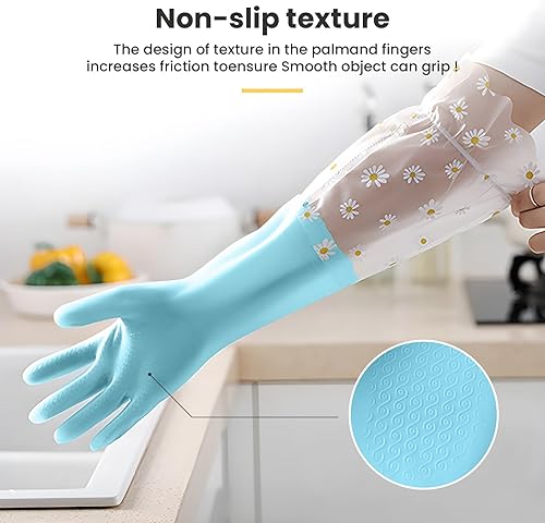 Miniatura 4 de KAQ Guantes de limpieza para lavavajillas, 3 pares, guantes de goma reutilizables con forro de algodón, puño largo, guantes de cocina y jardinería