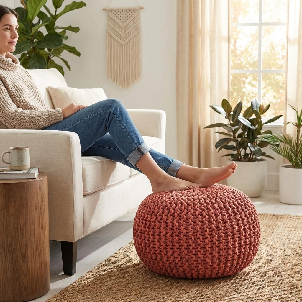 Poona Handcrafted Modern Cotton Pouf, Coral, Soft Upholstered Ottoman with Tassels, Boho Floor Seating for Living Room Bedroom and Nursery