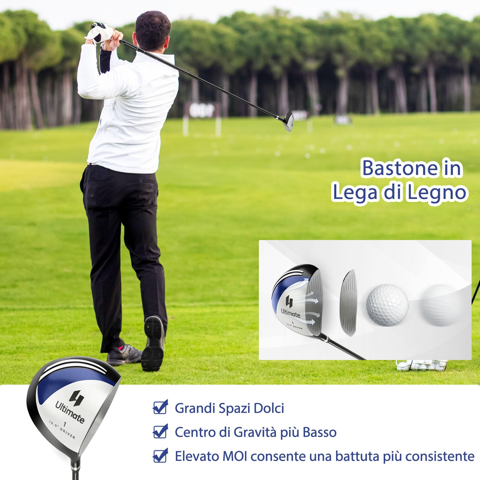 COSTWAY Set Completo di Mazze da Golf da Uomo, 9 Pezzi, Include Driver in Lega, Legno Fairway 3, Ibrido 4, Ferri 6, 7, 8, 9 e P, Putter e Copri Testa per Golfisti Destrimani