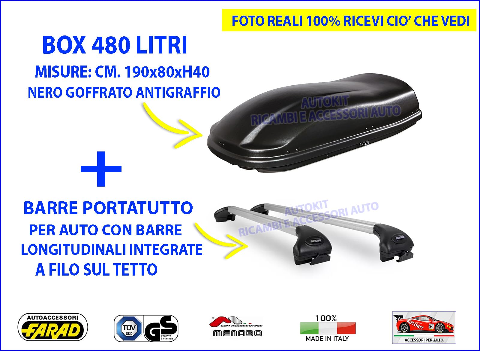 BOX BAULE da tetto Auto FARAD da 480 litri PORTAPACCHI + 2 BARRE PORTATUTTO Specifiche COMPATIBILE con DS 7 Crossback Prodotte dal 2017 in poi - 1-9431 - M12060000