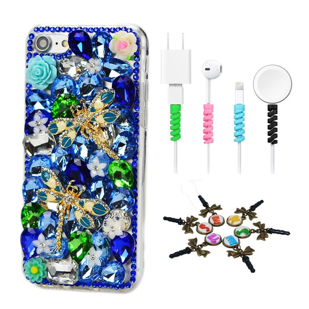 STENES Bling Phone Case Compatible with Bling Case Compatible iPhone 11 Pro - Stylish - 3D Handmade [Sparkle Series] Dragonfly Rose Flowers Design Cover with Cable Protector [4 Pack] - Blue