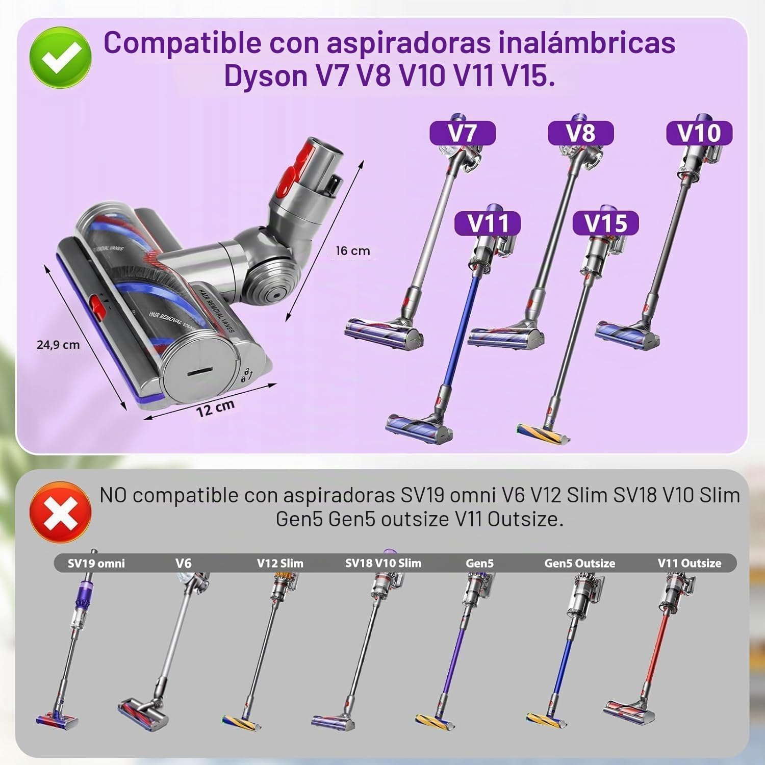 Cepillo High Torque para Dyson V7 V8 V10 V11 V15 SV10 SV11 SV12 SV14 Cepillo electrica Cabezal de Repuestos Motorizado Recambio Cepillo para Dyson Suelos Alfombras y Suelos Duros Ajuste