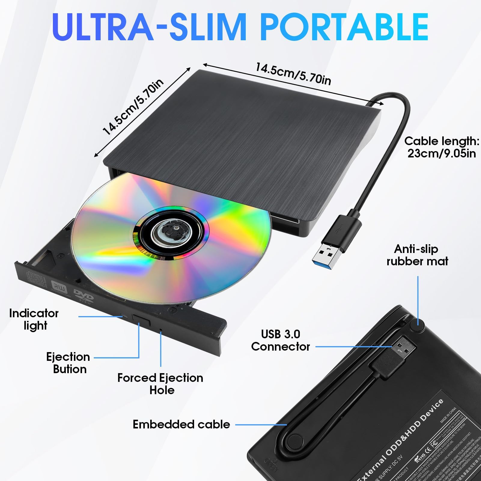 VoltCozy Grabadora CD DVD Externo USB 3.0 y USB-C Lector CD Externo y Grabadora DVD/CD +/-RW para PC y Portátil Slim con Cable Integrado Plug & Play 8X/24X Windows 11/10/8/7 MacOS Linux — view 2
