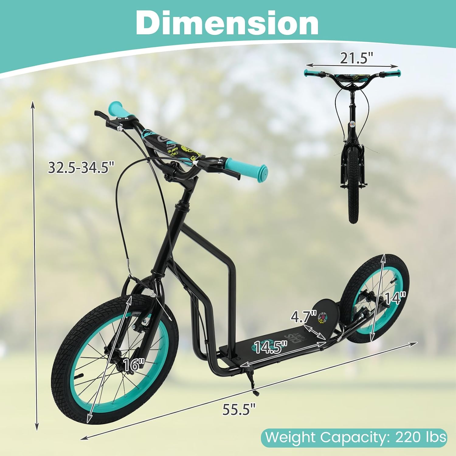 Costzon Big Wheels Kick Scooter for Kids 8+, Youth Scooter with Foldable & Height Adjustable Handlebar, Inflatable Shock Absorption Wheels, Dual Brakes for Teens, Adults, Max Load 220 LBS