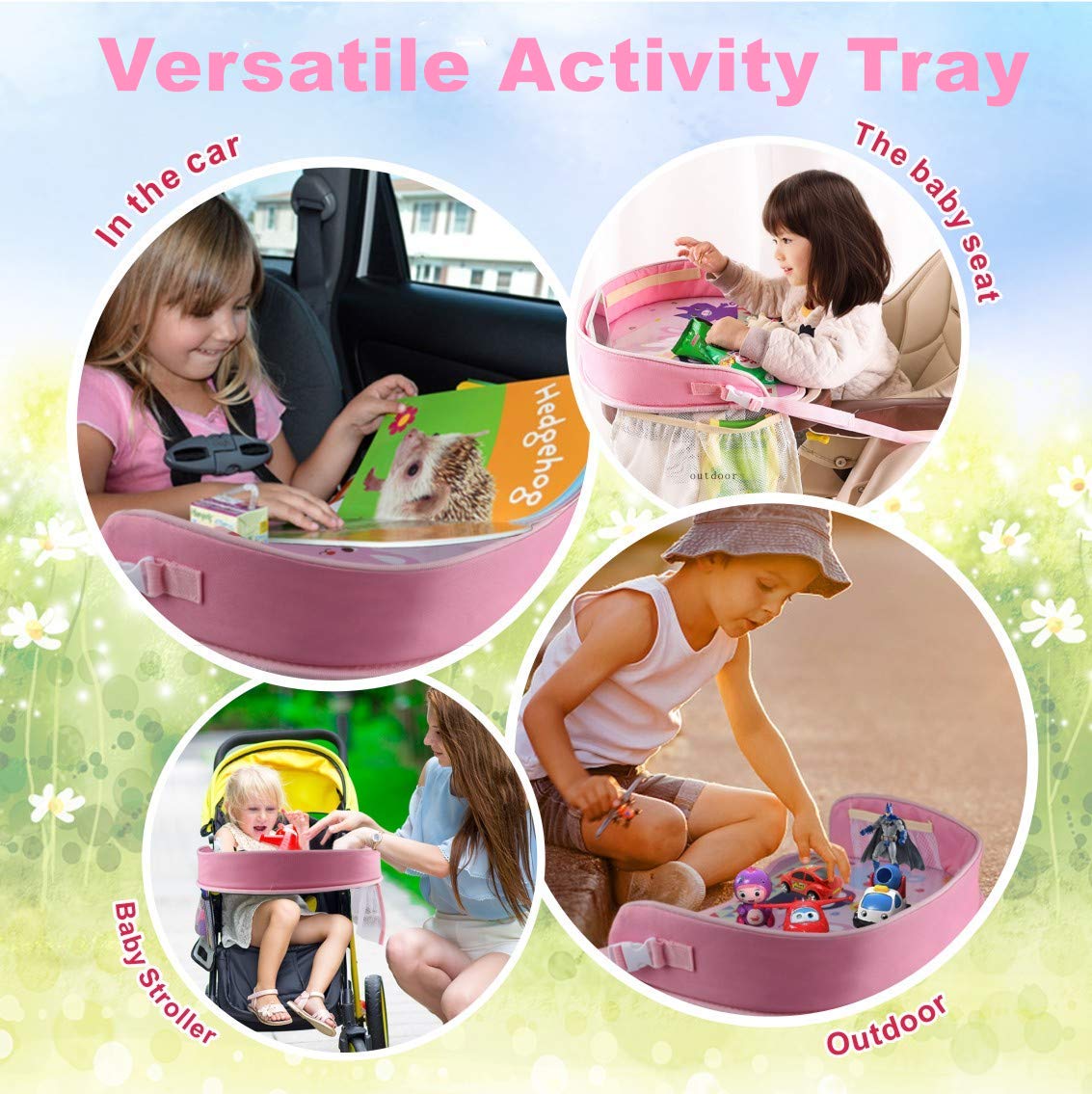 Plateau de Voyage pour Enfants et Tout-Petits - Siège de Travail pour Activité et Rangement - Organisateur avec Porte-Téléphone Étanche et Pliable (Rose)