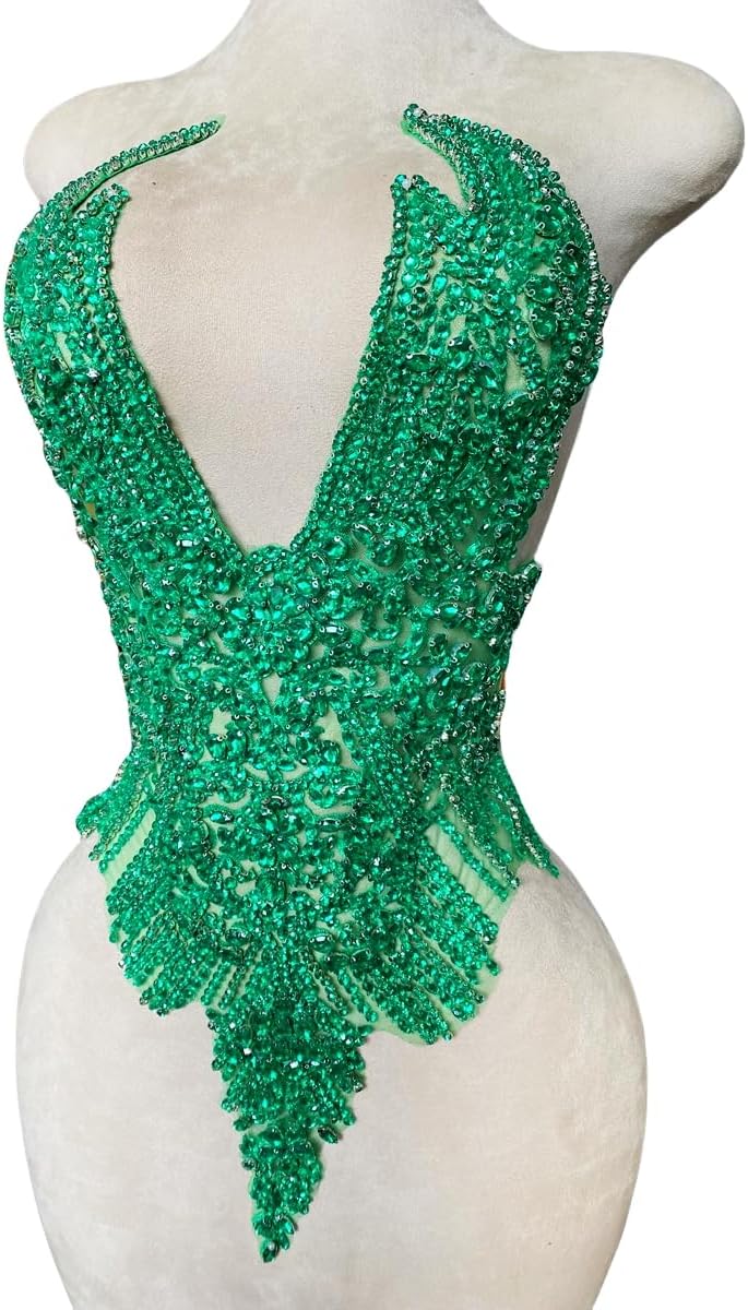 Handmade Rhinestones Applique Glass Stones Beads Bright Crystal Lace Patches Bodice Accessories for Weding Dress Decorations 14.17X24.4inches (Light Green)