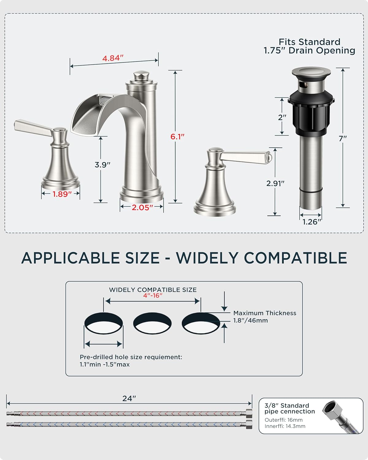 FORIOUS Brushed Nickel Bathroom Faucet Widespread 3 Hole for 6"-12" Sinks, 2 Handle 8" Waterfall Silver Bathroom Sink Faucet 3 Holes Vanity with Metal Drain Stopper and 22" Water Hoses - Image 8