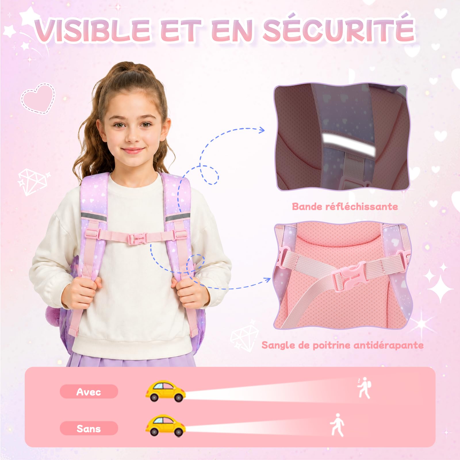 Sisipoet Sac à Dos Enfant Fille, Cartable Fille Primaire, Sac a Dos à Paillettes et Coeurs, Sacs à Dos Loisir Imperméable et Respirant avec Pompon pour L'école et Les Loisirs