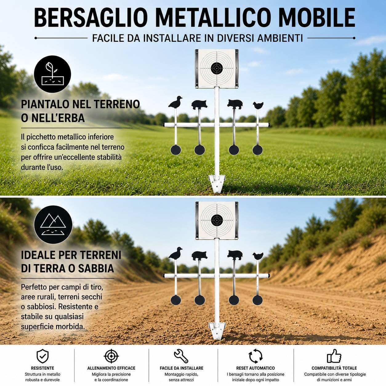 Bersaglio Metallico Mobile 8 Target Girevoli Pannello Fisso 14x14 cm Tiro Sportivo Aria Compressa Airsoft