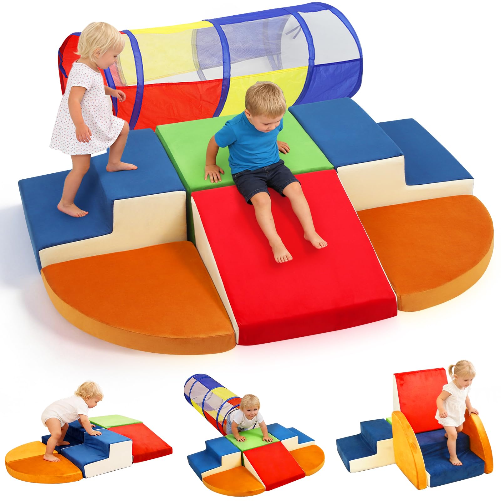 XIAPIA Lot de 6 Blocs de Construction en Mousse avec Tunnel de Jeu –Blocs Mousse Éducatifs Modulables–Parcours Motricité– Toboggans d'intérieur Lavable – Cadeau Anniversaire Noël