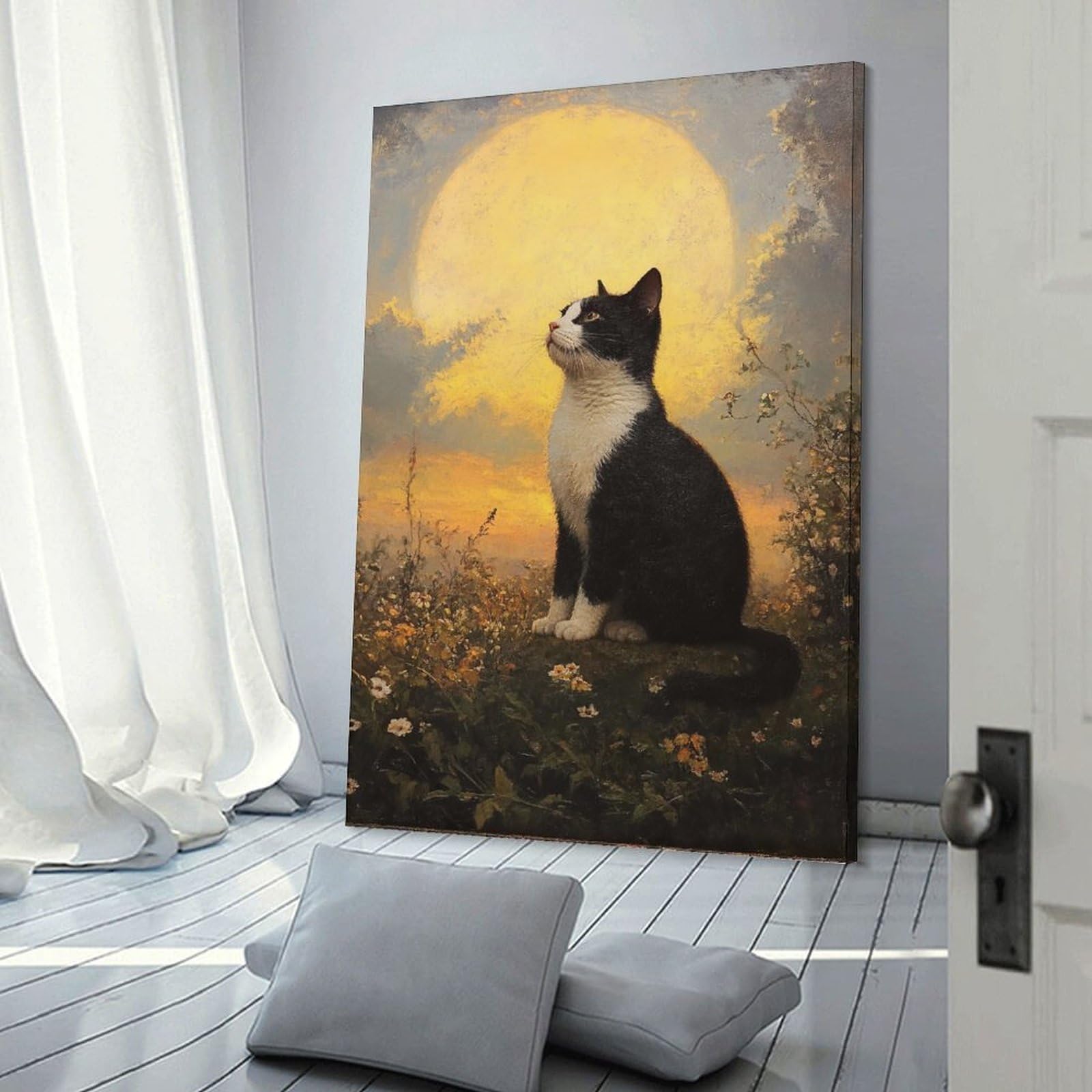 Junmoney Frame-Style-15 Cat Gazing At The Moon Hanging Wall Art, 20X30inch(50X75cm), For Bedroom Decor, Cosy Corners Or Studios, An Easy Wall Refresh For Bedrooms
