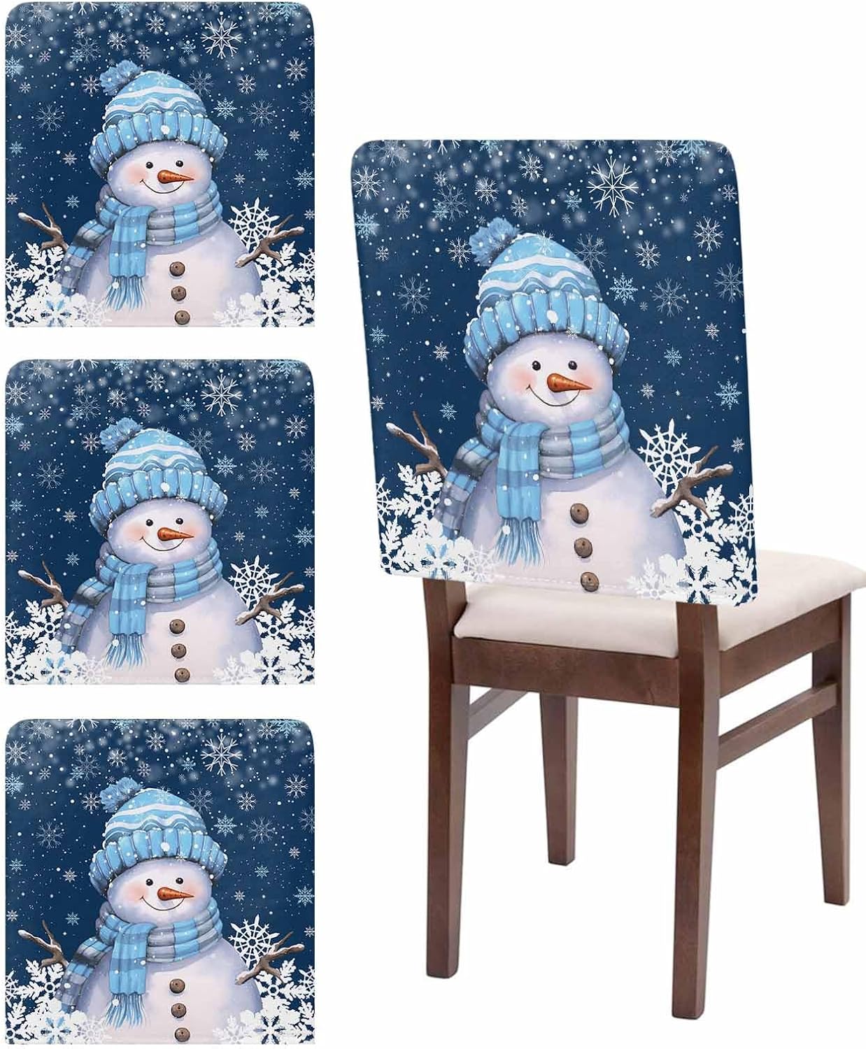 Christmas Chair Back Cover Snowman Snowflake Dining Chair Slipcovers Blue Removable Strench Chair Protector for Kitchen Decoration Set of 4