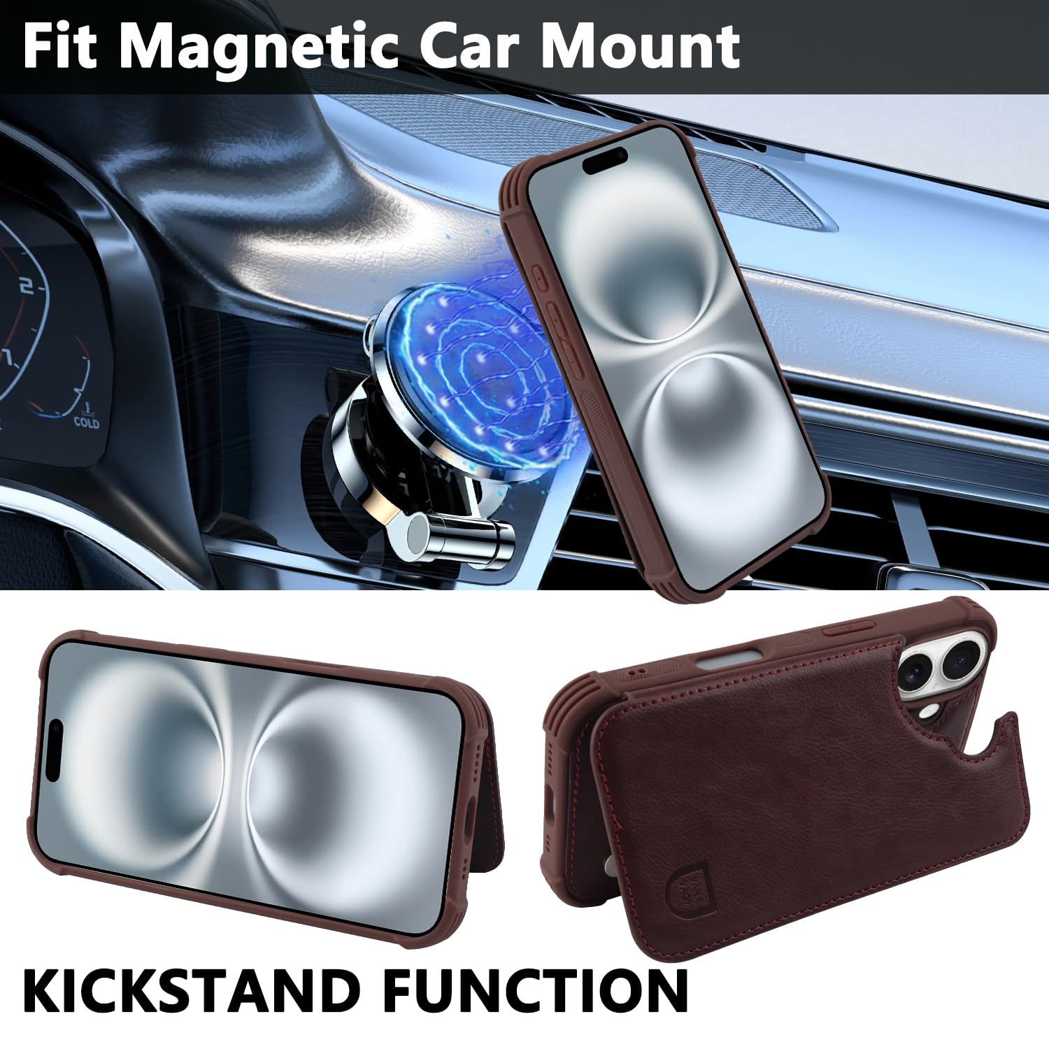 VANAVAGY Compatible for iPhone 16 Plus Wallet Case with Credit Card Holder,Rfid Leather Flip Folio Phone Cover Fits Magnetic Car Mount and Stand with Screen Camera Protector,burgundy - Image 4