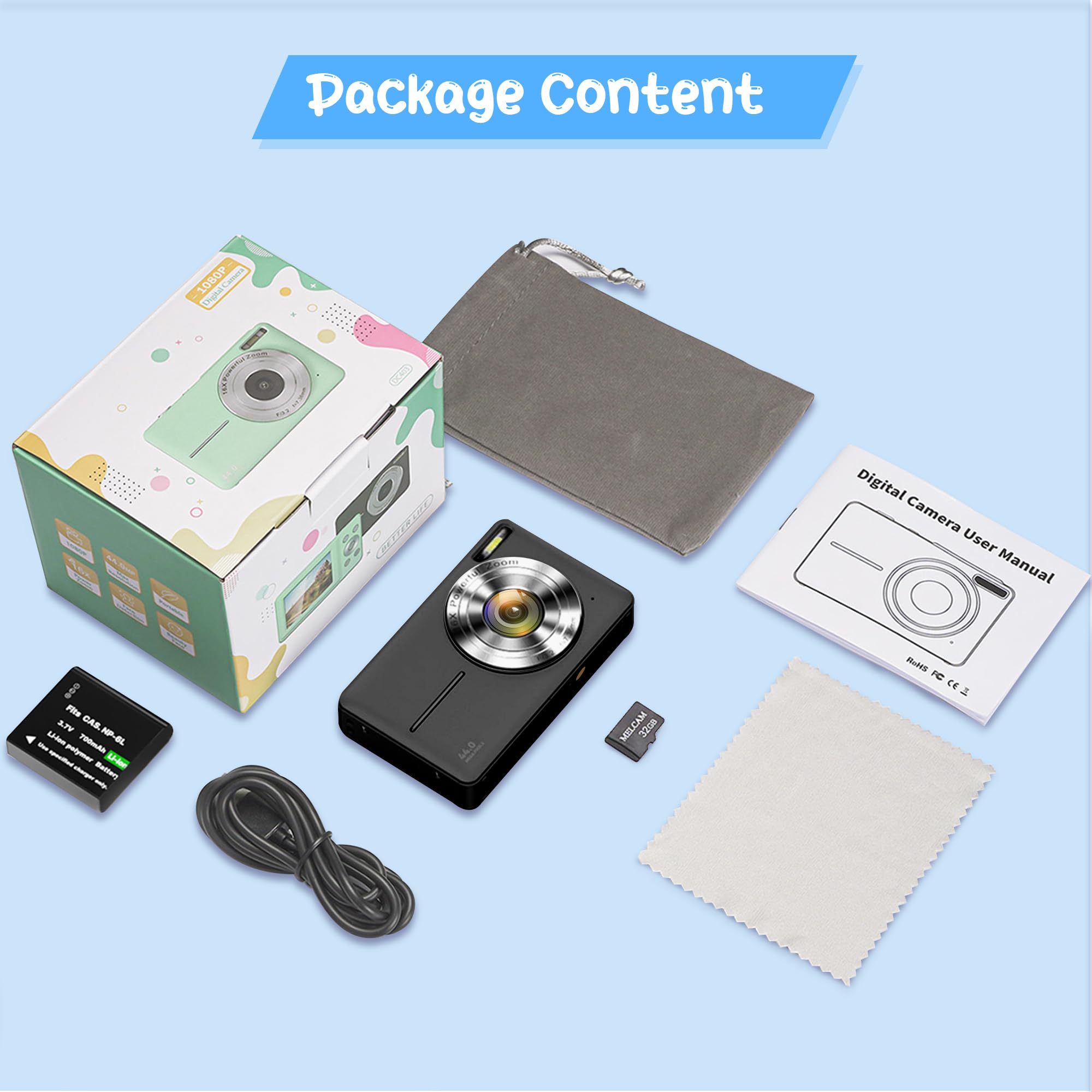 Appareil Photo Numérique 1080P 44MP Caméra Vlogging pour Enfants Ados, FHD Compact Portable avec Écran 2,4" Zoom 16X, Mini Caméra Anti-secousse pour Débutants Étudiants-Noir