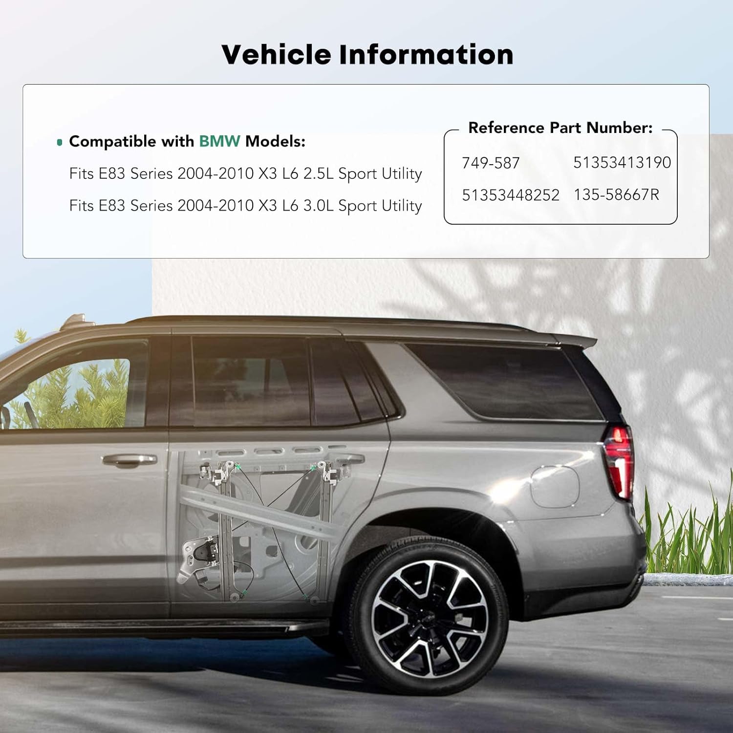 YHTAUTO Rear Passenger Side Power Window Regulator Without Motor for BMW X3 E83 Series 2004-2010 Sport Utility