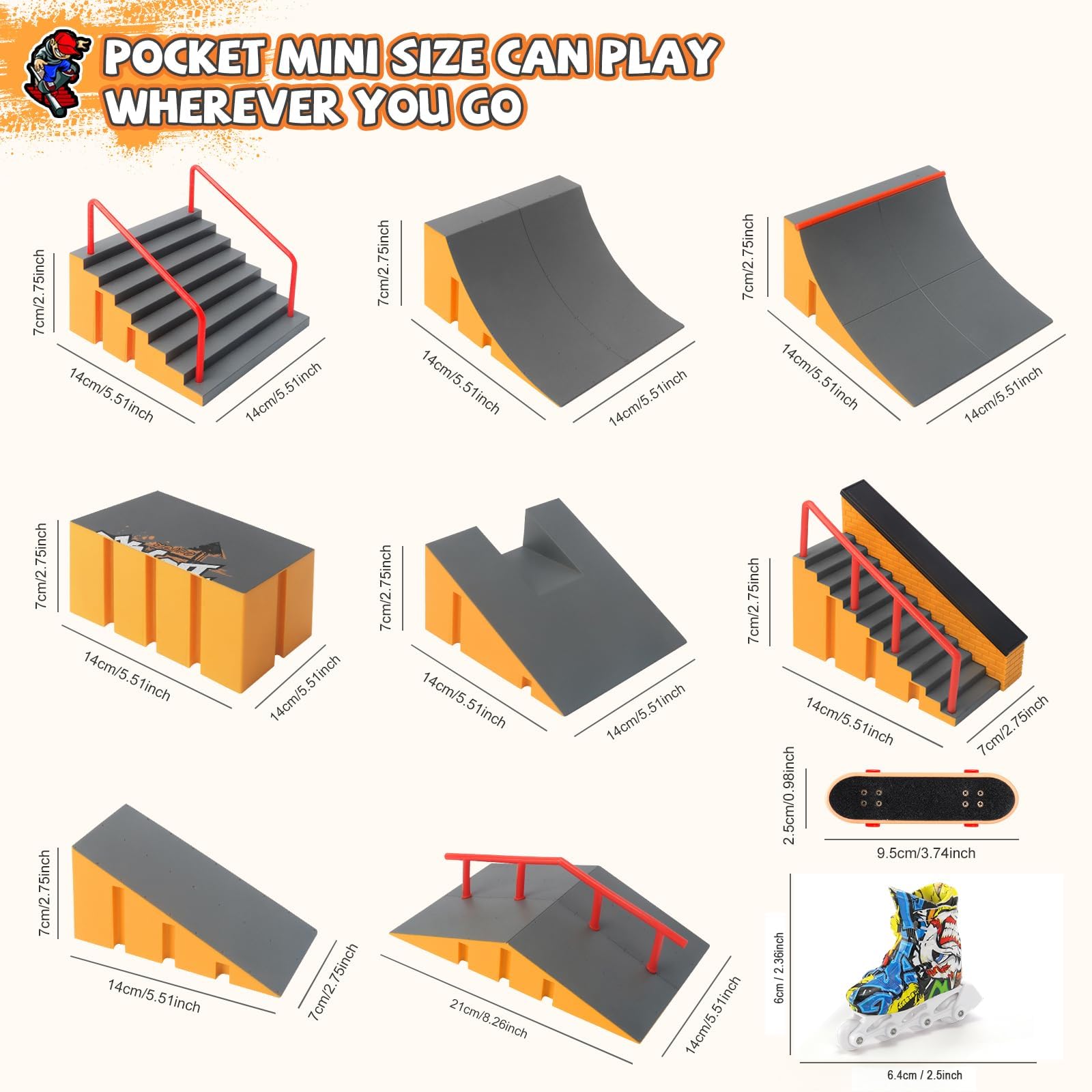 Tlater Finger Skateboard Park Kit Mini Finger Skateboard Rampa Kit DIY Montaje Diapasón Patineta Parque para Niños Regalo de Cumpleaños Amarillo 14 - en 1