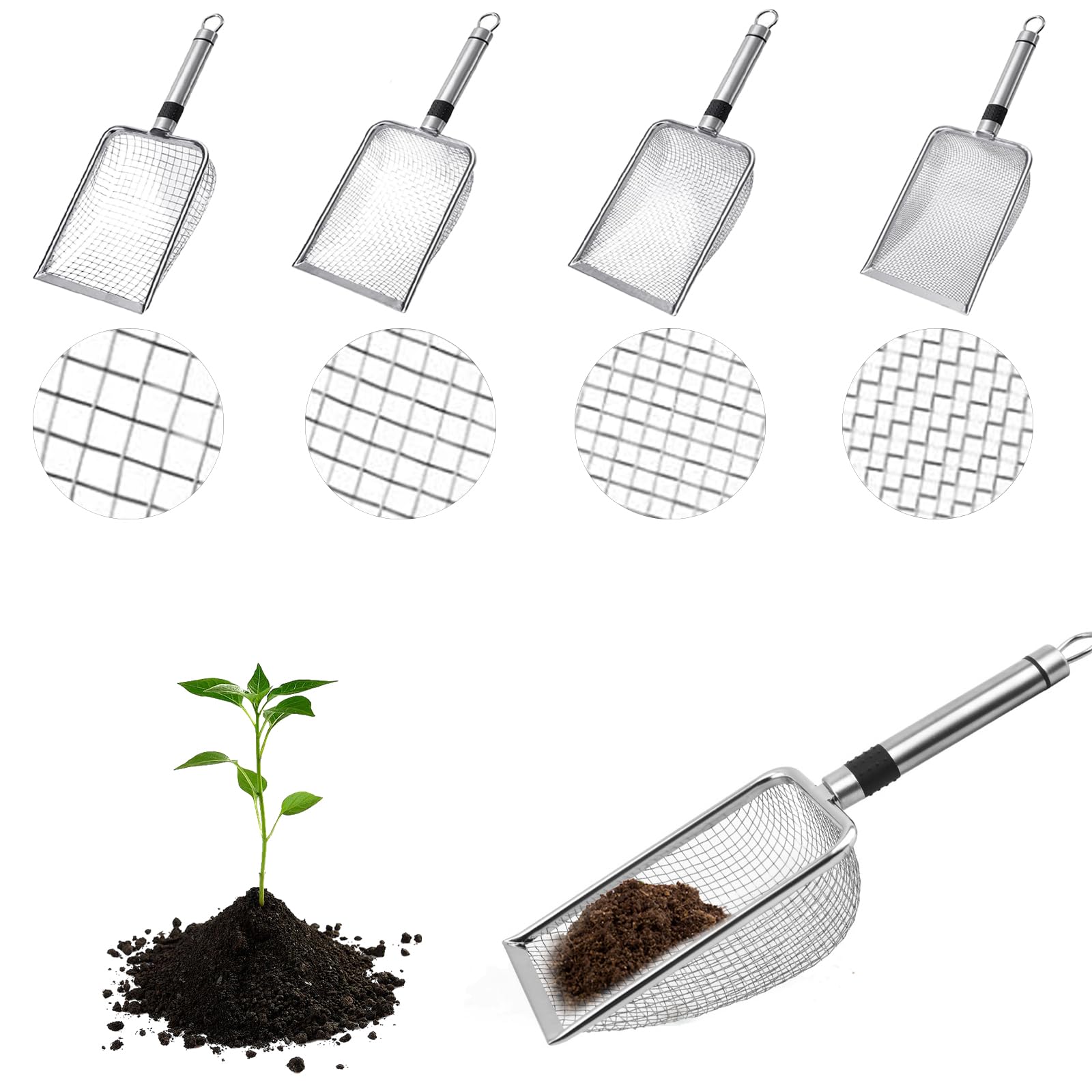 Edelstahl Siebenschaufel Set - 4-tlg. Katzenklo Schaufel & Gartensieb, Rostfrei & Langlebig