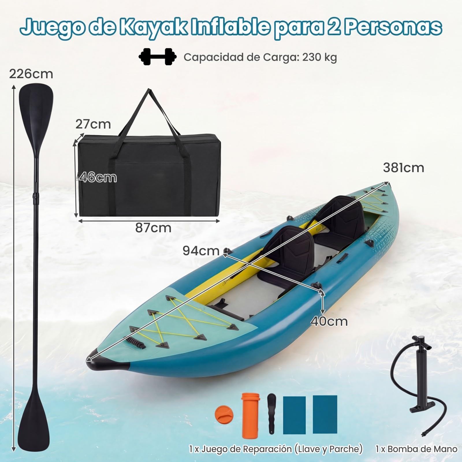 COSTWAY Kayak Hinchable 2 Plazas 381 cm Portátil 230 kg