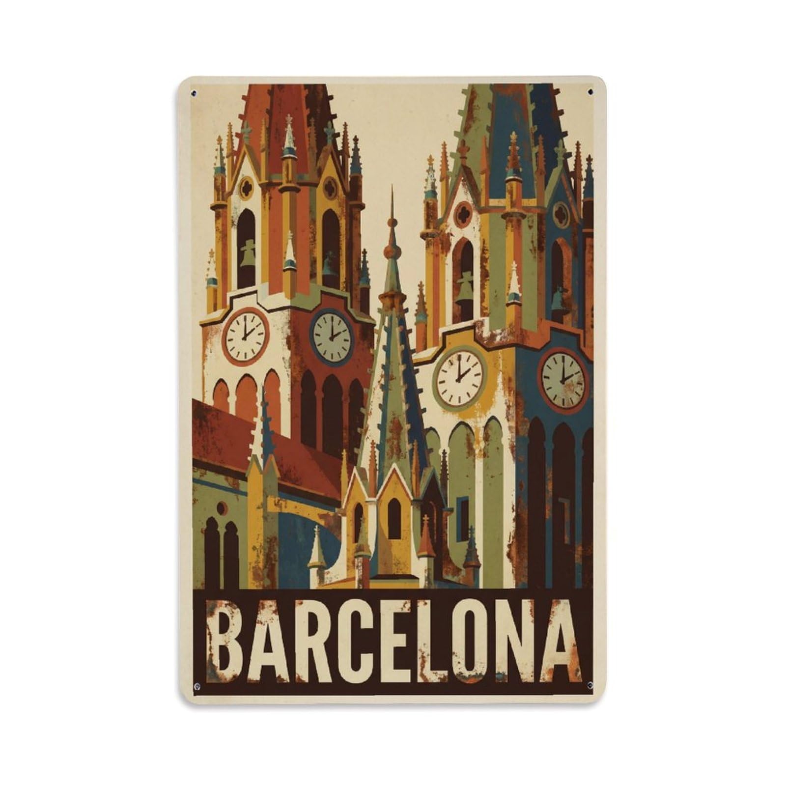 Okngb Style Church Belltowers Barcelona Classic Catalonia Travel Metal Tin Sign Plaque Wall Decor For Cafe, Man Cave, Club Bar, Office, Home Garden Round Metal Poster 8X12inch