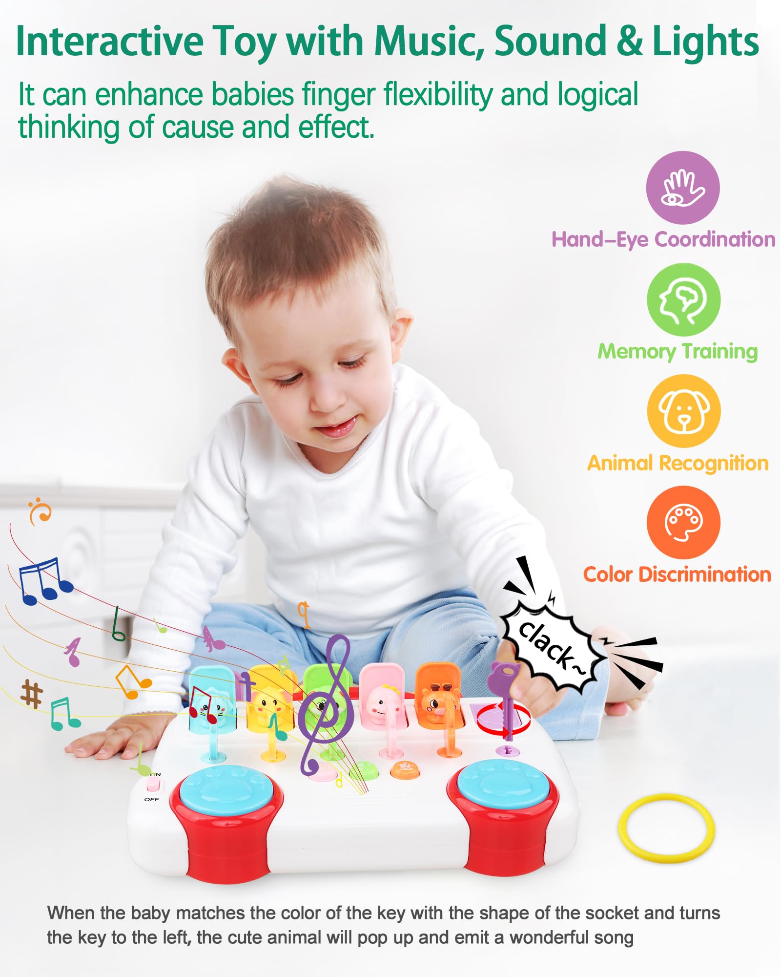Interactive Pop Up Animal Toys, Cause and Effect Toys for 1 Year Old Boy Girl Birthday Gift, Baby Musical Toys with Music & Light for Toddlers, Early Educational Montessori Animal Learning Toys (Red)