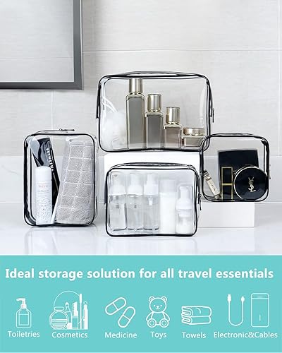 Miniatura 3 de Paquete de 4 bolsas de aseo transparentes, bolsa de viaje aprobada por la TSA con cremallera y asa, bolsas de cosméticos transparentes para viajar