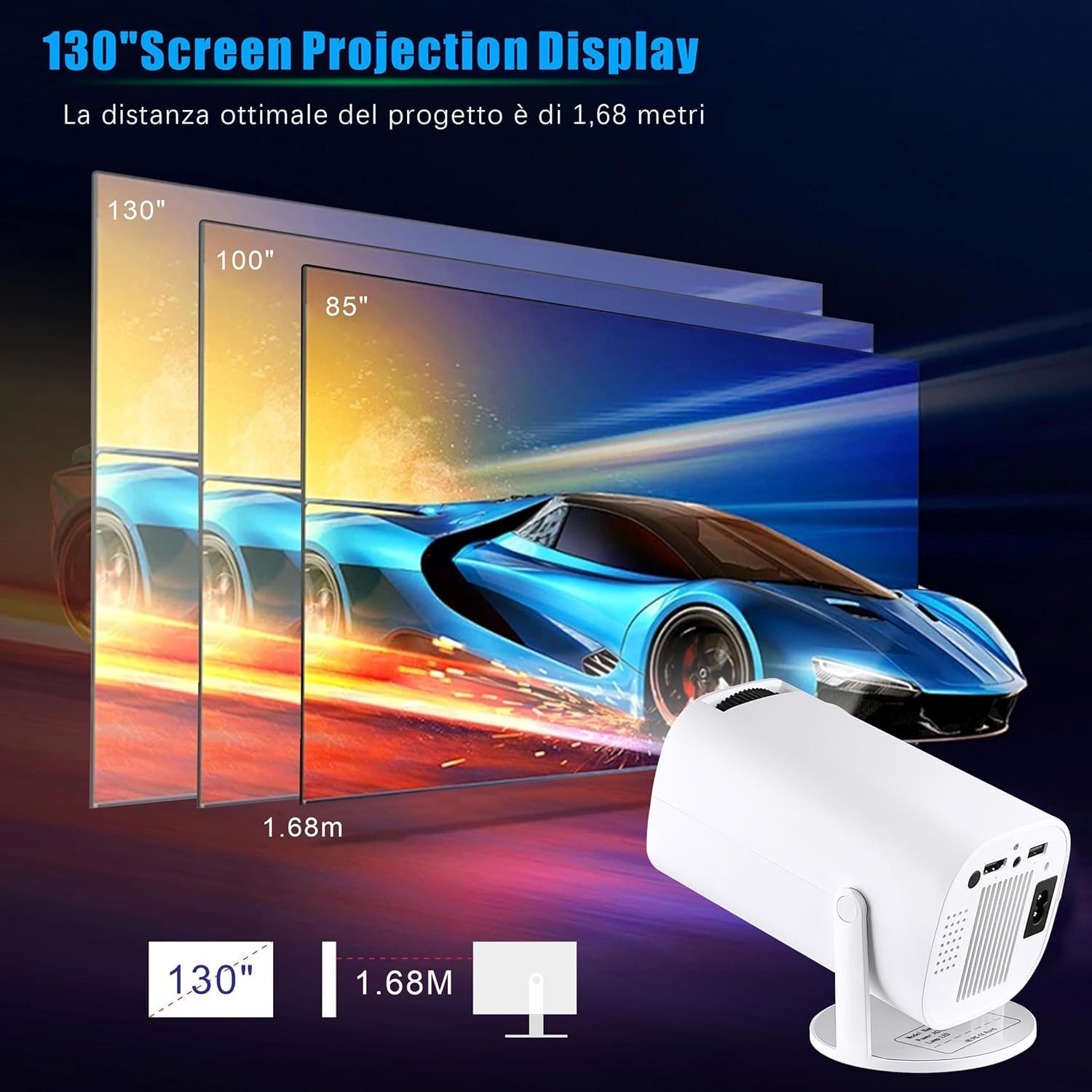 Mini Proiettore Portatile WiFi+BT5 HD Android11, Proiettore Soffitto Correzione automatica Direzione Verticale, Dimensione di proiezione 40~150 In Regolazione Dell'angolo Multiplo di 180°