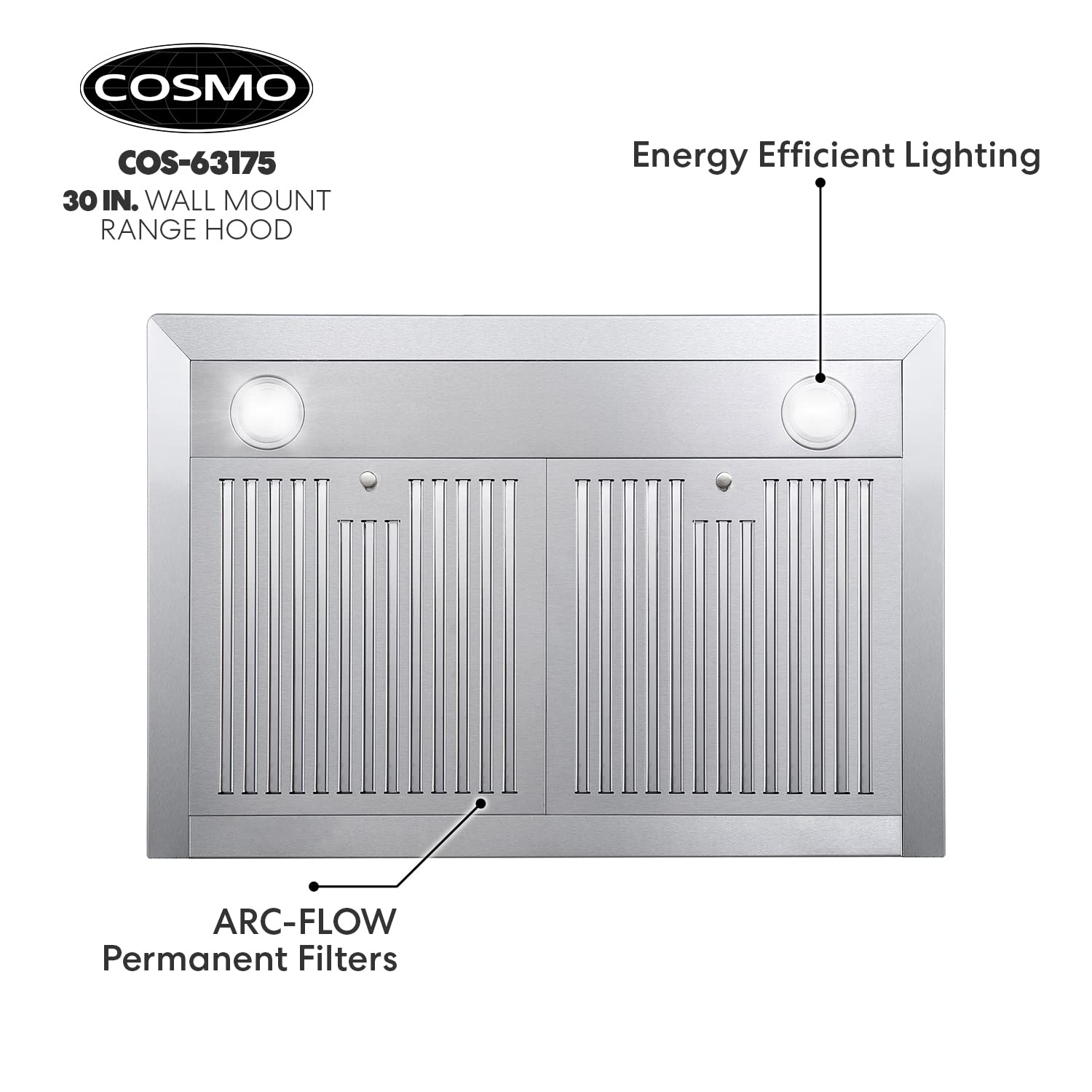 Cosmo 63175 30 in. Wall Mount Range Hood with Efficient Airflow, Ducted