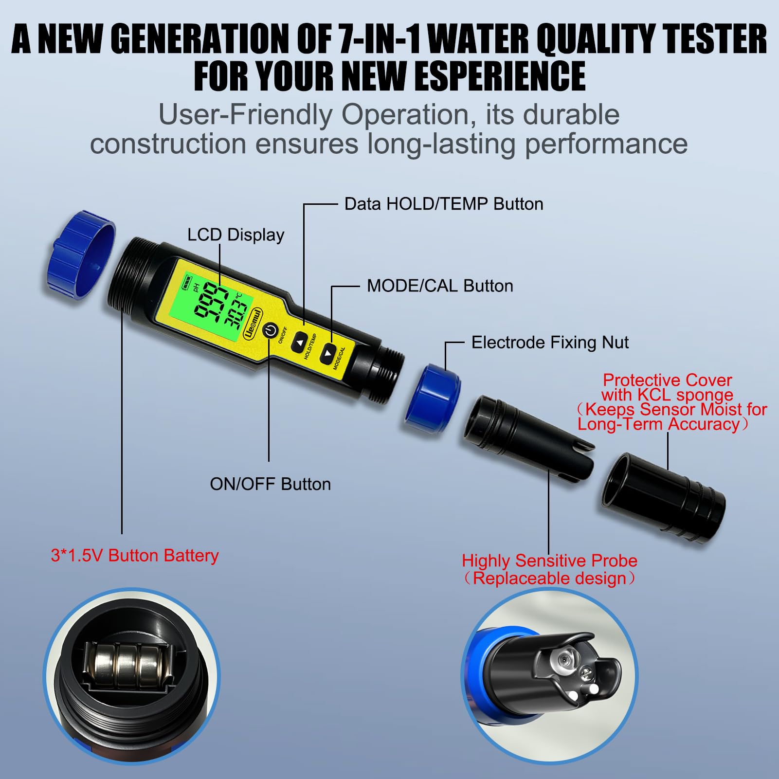 pH Chlor Messgerät Pool 7 IN 1, Tester pH Chlor (FAC) TDS EC SALT ORP & Temperatur mit ATC, Wasserqualitätstester IP67 wasserdicht, 0,01 Hochpräzision für Trinkwasser, Aquarium, Hydroponik