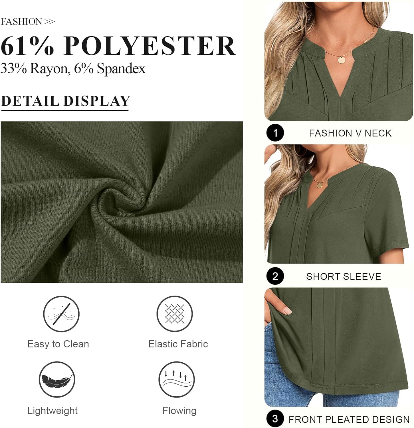 Anydeer Womens Tunic Tops Summer Short Sleeve Shirts Pleated V Neck Blouses Dressy Casual Outfits - Image 5