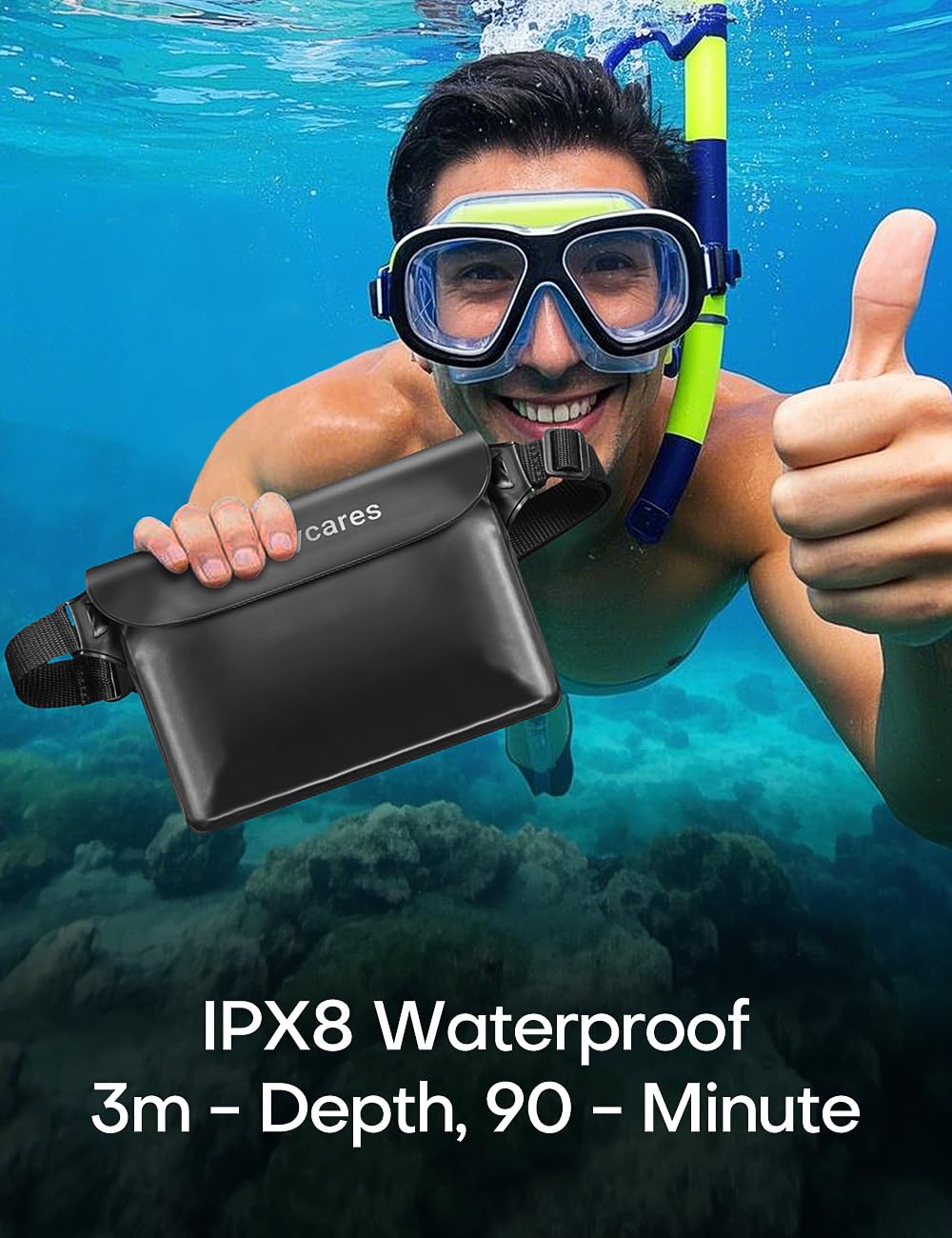 Henrycares 2 Pezzi Marsupio Impermeabile Mare, IPX8 Borsa Impermeabile con Tripla Tenuta, Cintura Regolabile Estesa, Busta Impermeabile Mare per Subacqueo, Spiaggia, Kayak (Nero+cristallo Grigio)