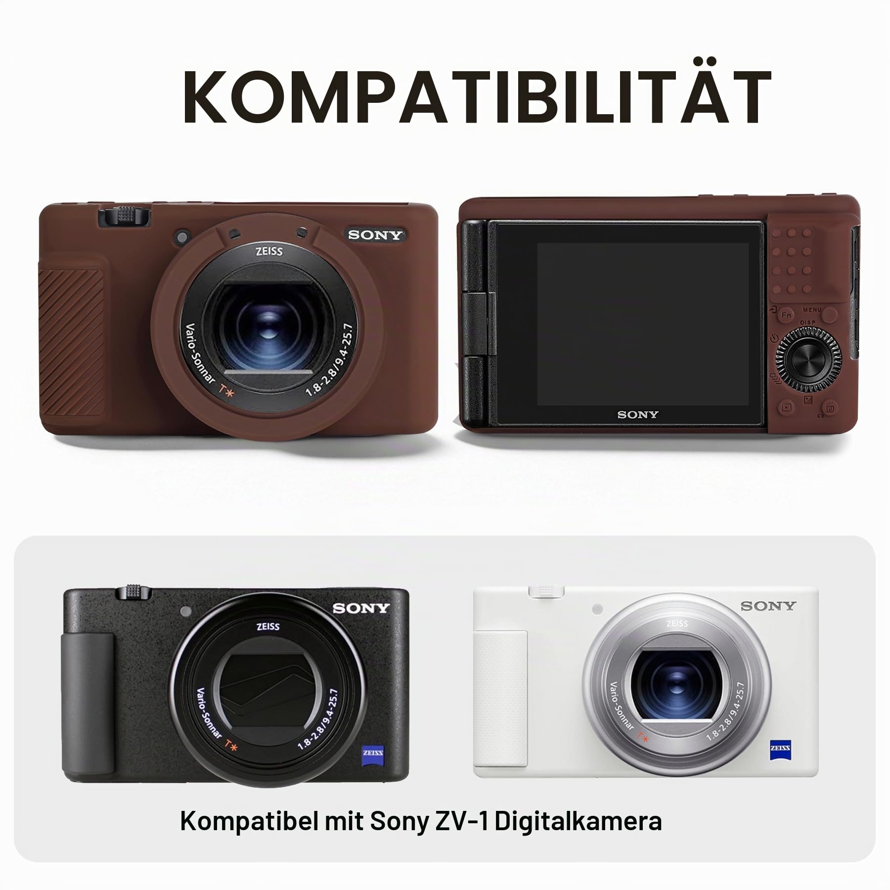 BOVKE 2-in-1 Kameratasche für Sony ZV-1 Premium Kompaktkamera für Content Creator, Silikon Hauthülle + Harthülle Tragetasche Schutzpaket für Sony ZV1 Kamera, Braun