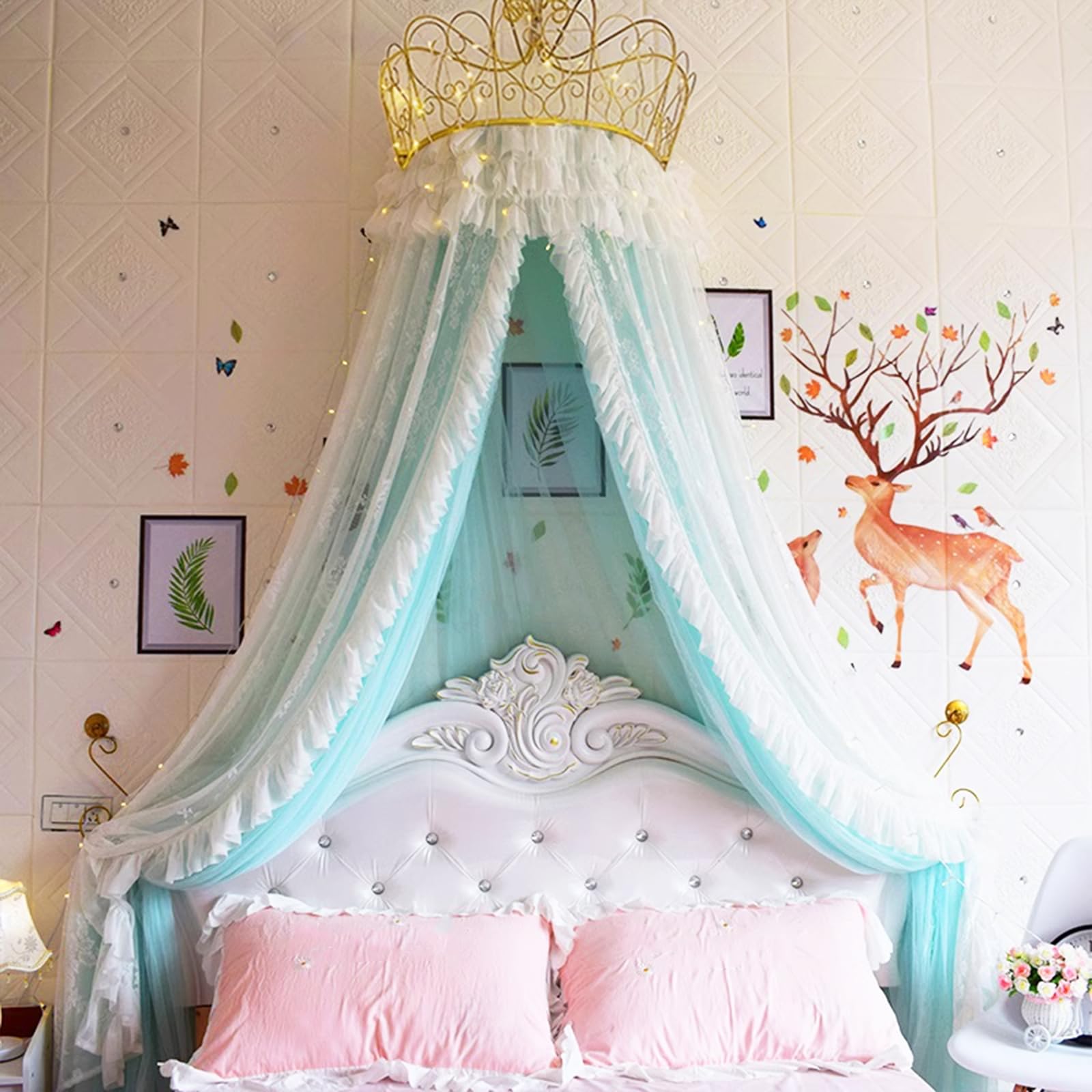 GJMSSMY Bed Canopies & Drapes with Metal Crown, Court Mosquito Net with Decorative Drapery, Cute Decorative Yarn Bed Curtains Drapery Play Tent for Over Beds or Windows