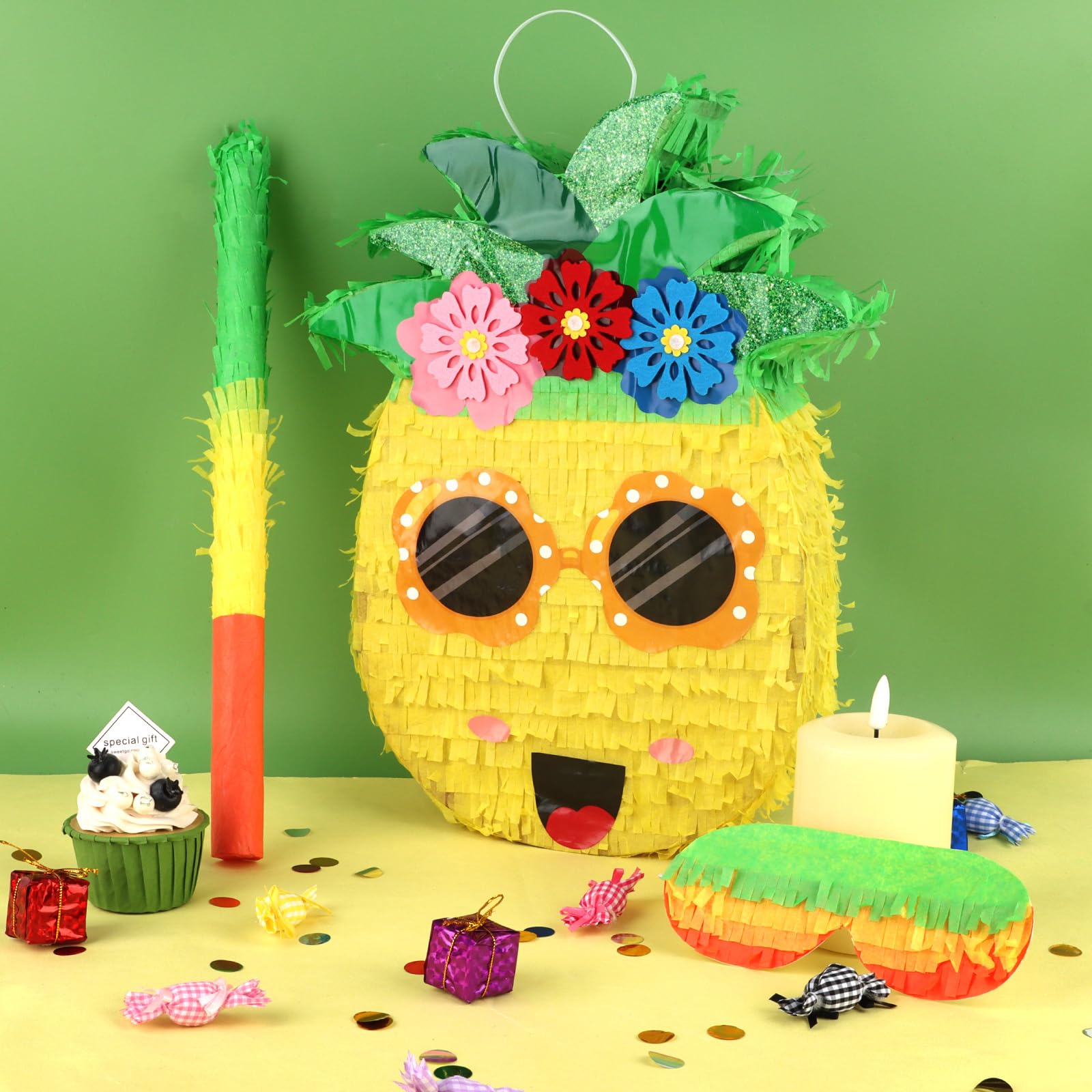 Piñata de piñata de verano con palo y venda para los ojos, piñatas grandes y divertidas, decoraciones de fiesta de frutas, juegos de piña para fiestas hawaianas tropicales luau, suministros