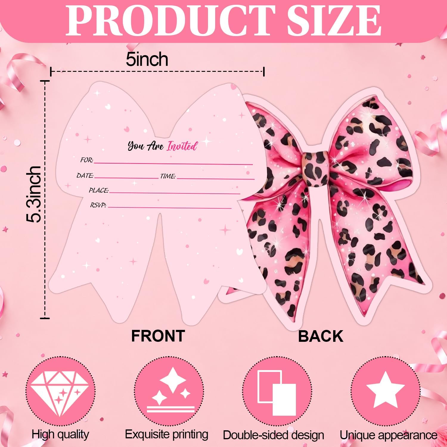 Pink Cheetah Theme Bow Party Invitations, 5 x 7 Coquette Bow Invites Cards for Girls Adult, Birthday Girls Night Out Wedding Engagement Bachelorette Party Decor & Supplies Favor-20 Cards & Envelopes