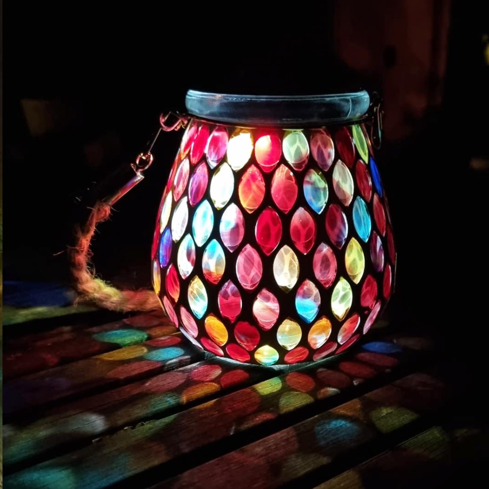 1PCS Oval Solar Mosaic Lights Outdoor, On/Off Glass Hanging Solar Mosaic Lanterns Lights IP65 Waterproof for Table Lawn Path Courtyard Deck Fence, Maple Mosaic Light — view 14