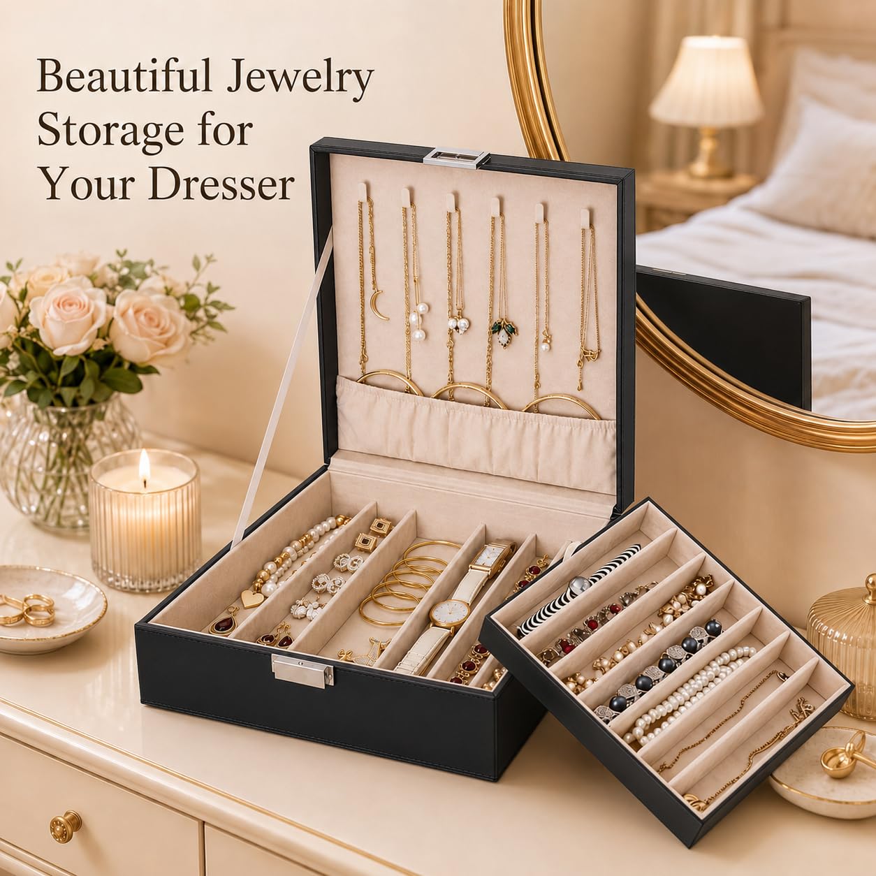 BEWISHOME Joyeros Mujer Organizador Caja Organizador de Collares para Cadenas, Pulseras - 12 Compartimentos (7 Regulares + 5 Grandes), 6 Ganchos, 2 Capas-Joyero Mujeres,Organizador Joyas Negro ESSH31B