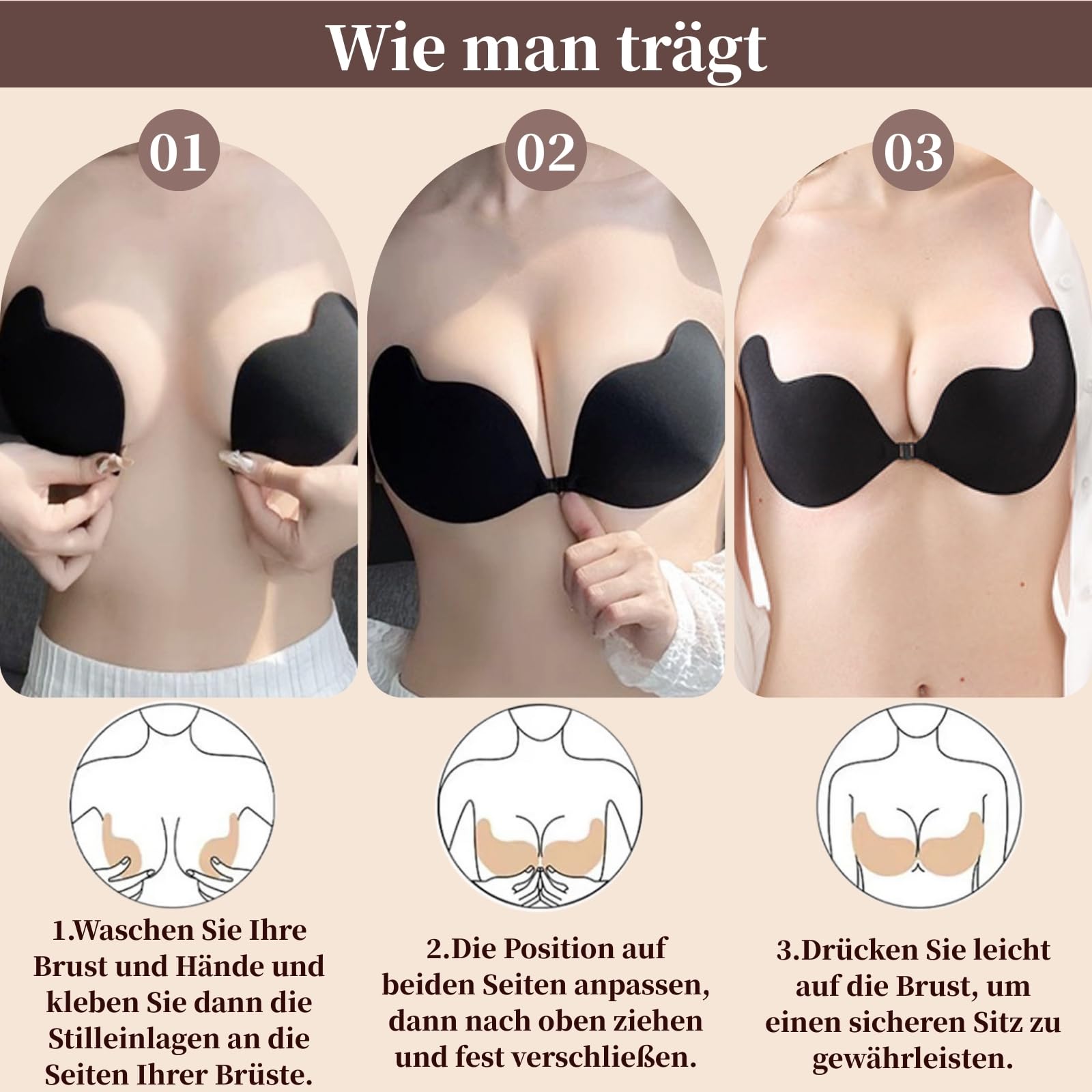 Push Up Klebe BH Nippelpads Trägerloser BH Rückenfrei Trägerlos Nipple Cover Kleine Brüste Strapless Sticky Bra Große Brust Unsichtbarer für Rückenfreies Kleid Klebebh Damen, mit 2Pcs Nippelpads