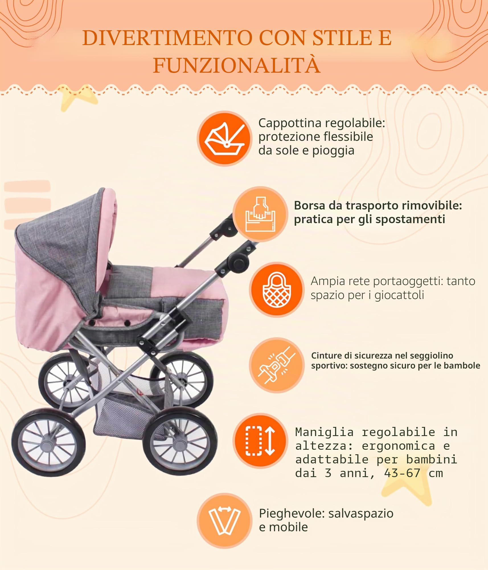 Bayer Chic 2000 - Passeggino per Bambole Leni, 2 in 1 con Borsa per Il Trasporto Rimovibile, Grigio Melange, Rosa, 64 x 37 x 68 cm