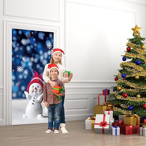 Miniatura 5 de Calcomanía de puerta de Navidad 3D, calcomanías de Navidad Snownman para puerta, mural de pared de puerta, papel tapiz extraíble para decoración de