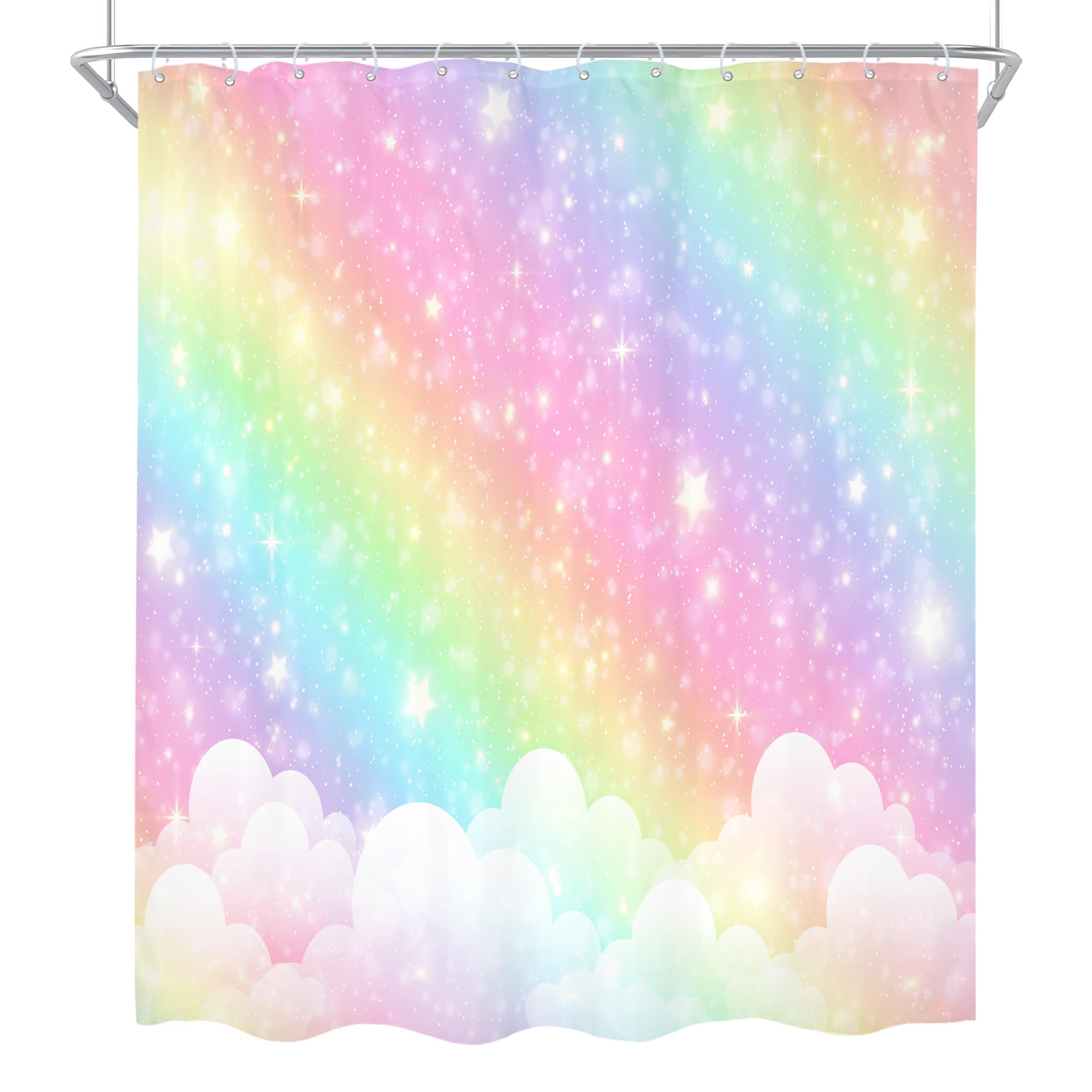 Cortina de ducha infantil arcoíris de 60 pulgadas de ancho x 72 pulgadas de alto, diseño de dibujos animados pastel con nubes y estrellas, juego de cortinas de baño estéticas, de tela,