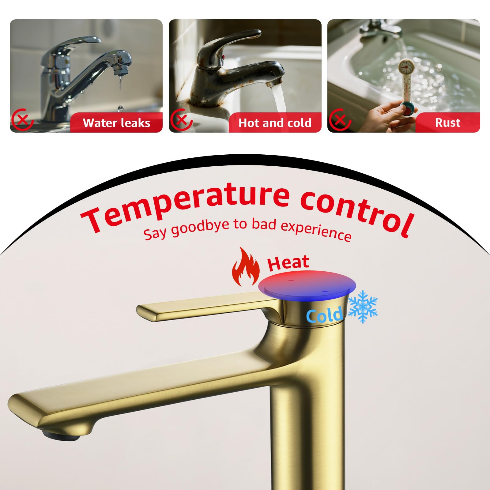 Grifo Lavabo,Grifo De Baño,Griferia Baño Caliente,Grifos Monomando Lavabo De Laton,Monomando,grifo De Lavabo,con Enlaces De Alimentación Flexibles Y Aireador (Oro cepillado, Bajo: 192 x 187 mm)